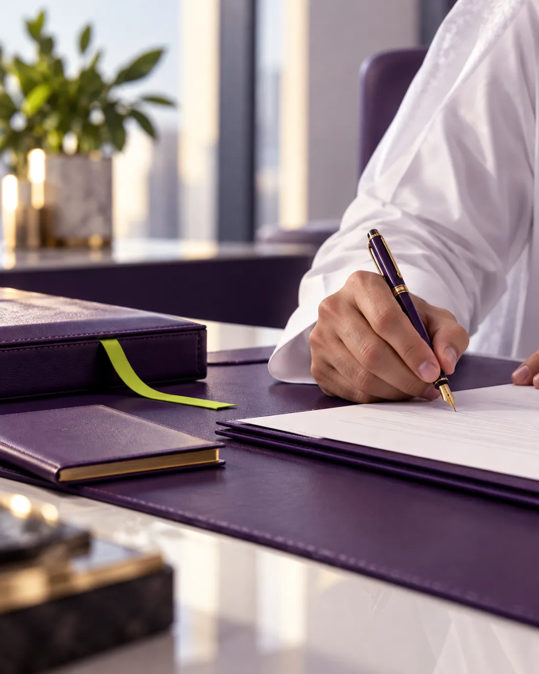 A mandoob signing a company document with a fountain pen